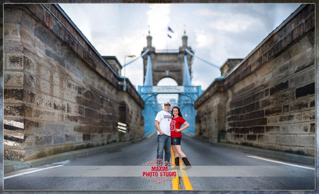 Maxim Photo Studio engagement at Roebling Bridge in Cincinnati