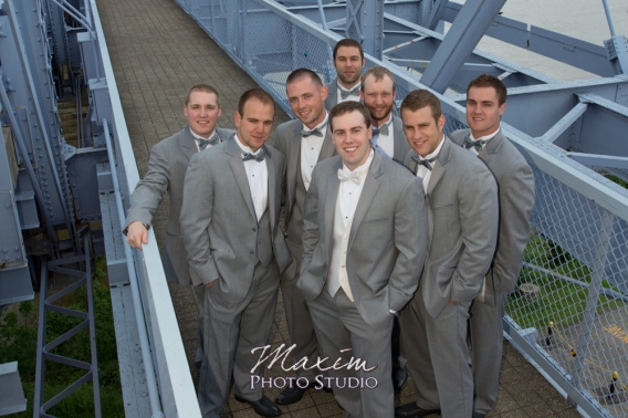 Cincinnati wedding groomsmen on Purple People Bridge
